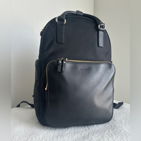 Lo & Sons Rowledge Backpack Large in Black Exterior/Gold Hardware/Camel Interior - Picture 3 of 14